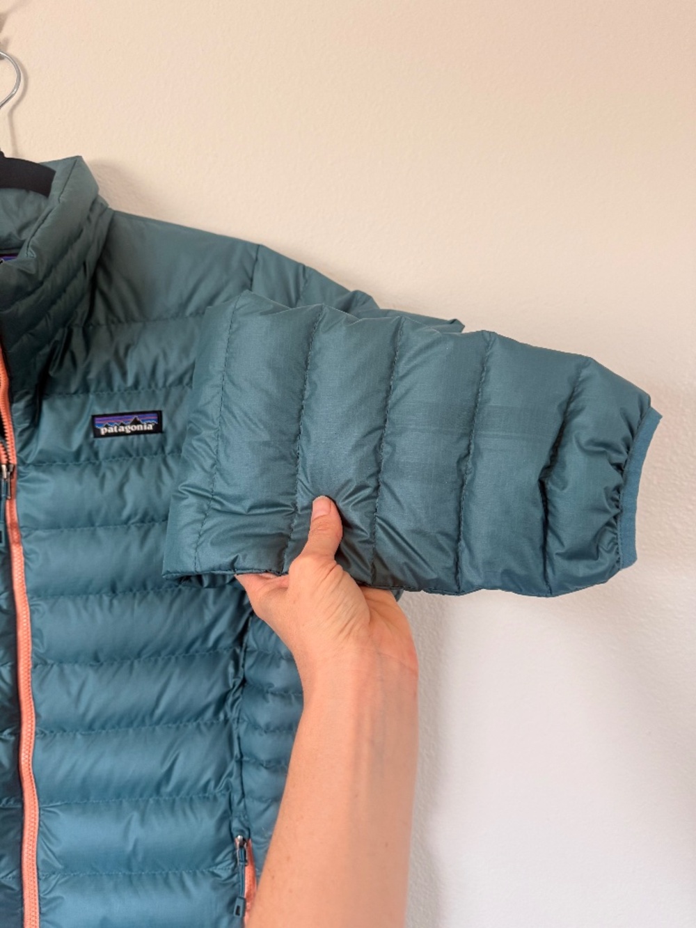 Patagonia Goose Down Sweater Puffer Jacket Teal/peach women's Large - Picture 6 of 10